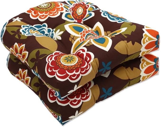 Pillow Perfect Floral Indoor/Outdoor Chair Seat Cushion, Tufted, Weather, and Fade Resistant, 19" x 19", Brown/Orange Annie, 2 Count