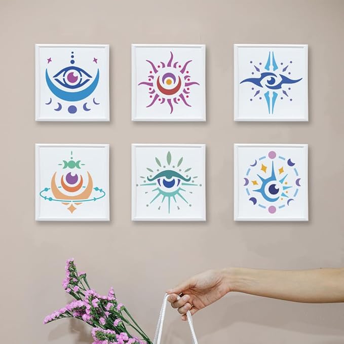 MAYJOYDIY Magic Evil Eyes Stencils, 6x6 inch, 9 Pieces with Paint Brush, Moon Phases Star Template for Wall Furniture Canvas