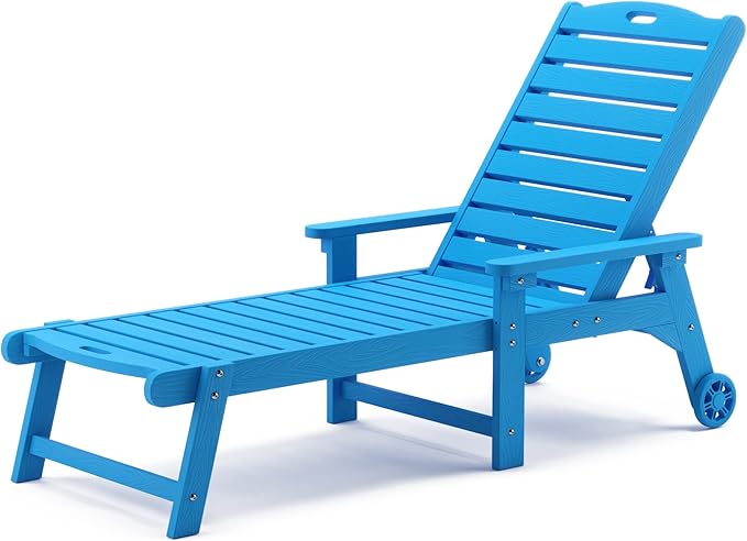 LUE BONA Outdoor Chaise Lounge, HDPS Chaise Lounger, 5 Positions Adjustable Lounge Chairs, Pool Lounge Chair with Wheels for Poolside, Backyard, Blue