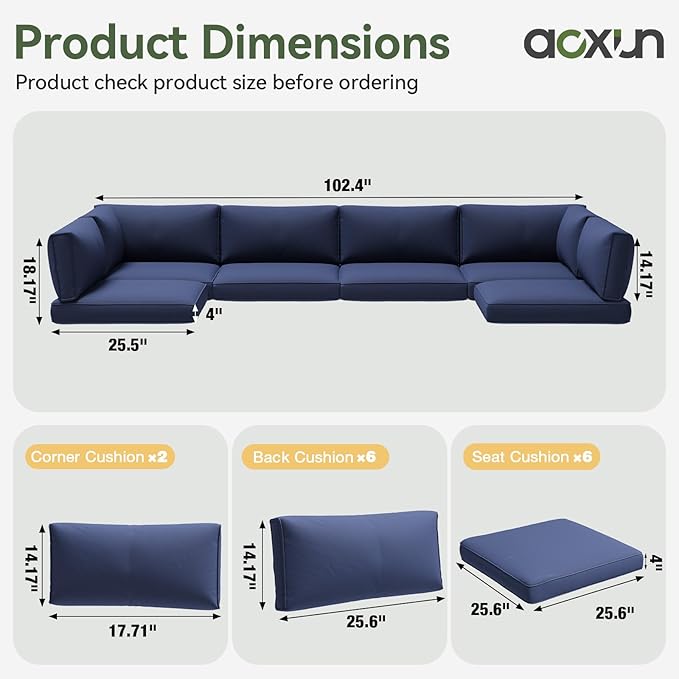 Aoxun Replacement Cushions for Outdoor Furniture, 14-Piece Outdoor Cushions for Patio Furniture, Deep Seat, Waterproof & Fade Resistant Couch Cushion for 6-Seat Patio Conversation Sets, Navy Blue