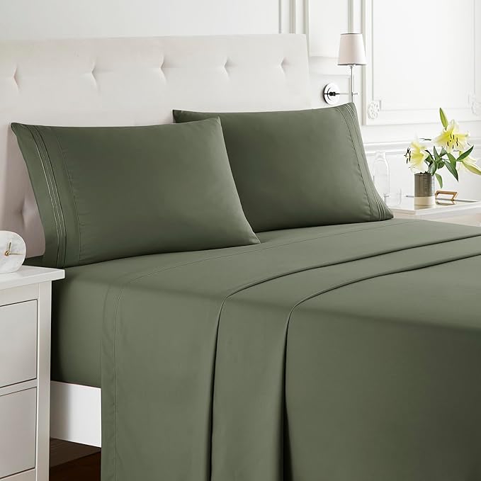 Clara Clark Full XL Bed Sheet Set - Wrinkle, Fade, Stain Resistant, Deep Pocket Sheets - Luxury Soft Bedding Sheets & Pillowcases, Full XL Olive Green