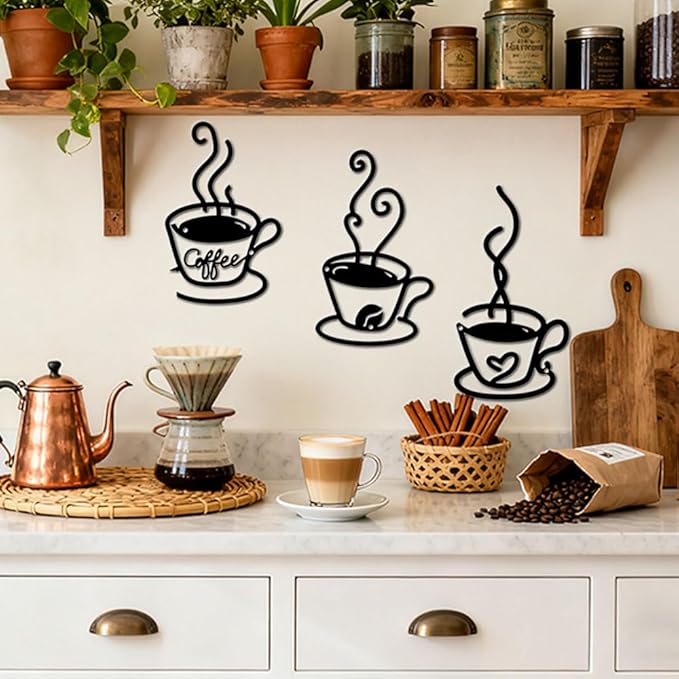 Kitchen Coffee Bar Metal Wall Decor - 3 Pack Rust-Proof Wall Art with Cup, Bean & Heart - Home Bar Signs for Indoor & Outdoor, Living Room, Kitchen, Garden - Housewarming Gift for Coffee & Tea Lovers