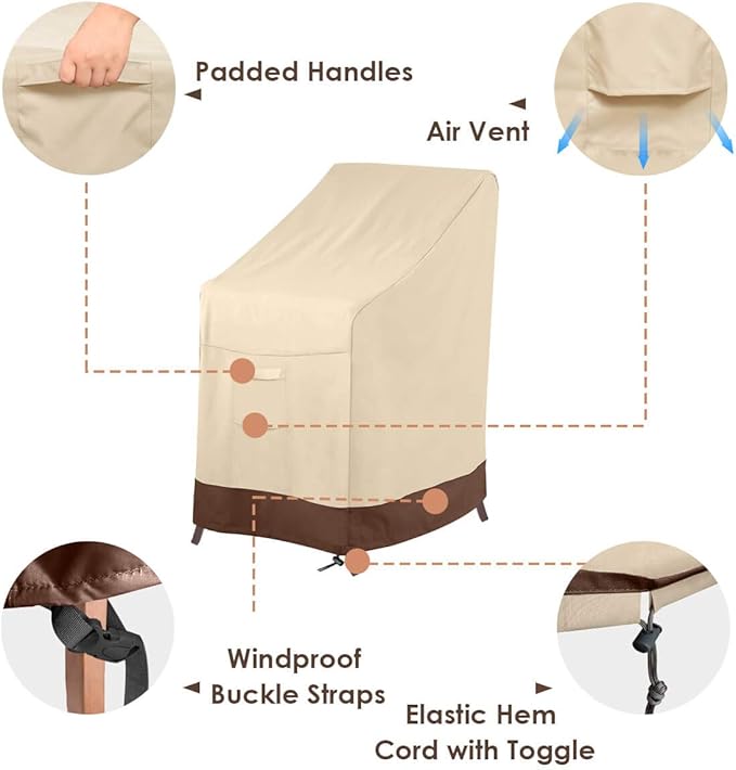Vailge Stackable Patio Chair Cover,100% Waterproof Outdoor Chair Cover, Heavy Duty Lawn Patio Furniture Covers,Fits for 4-6 Stackable Dining Chairs,36"Lx28"Wx47"H,Beige&Brown