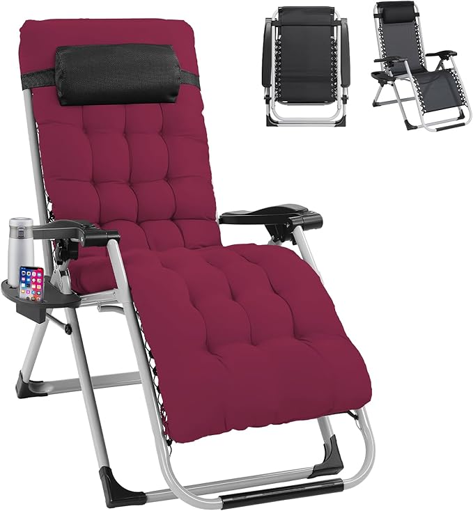 Bonnlo Padded Zero Gravity Chair, Lounge Chair Recliner Chair with Removable Cushion & Tray， Folding Reclining Patio Chairs， Recliner Chair for Lawn，Indoor and Outdoor