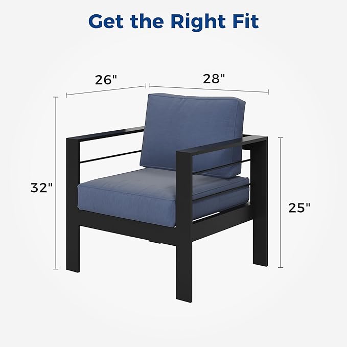 Wisteria Lane 2 Pieces Patio Furniture Aluminum Armchair, All-Weather Outdoor Single Sofa, Black Metal Chair with Blue Cushions