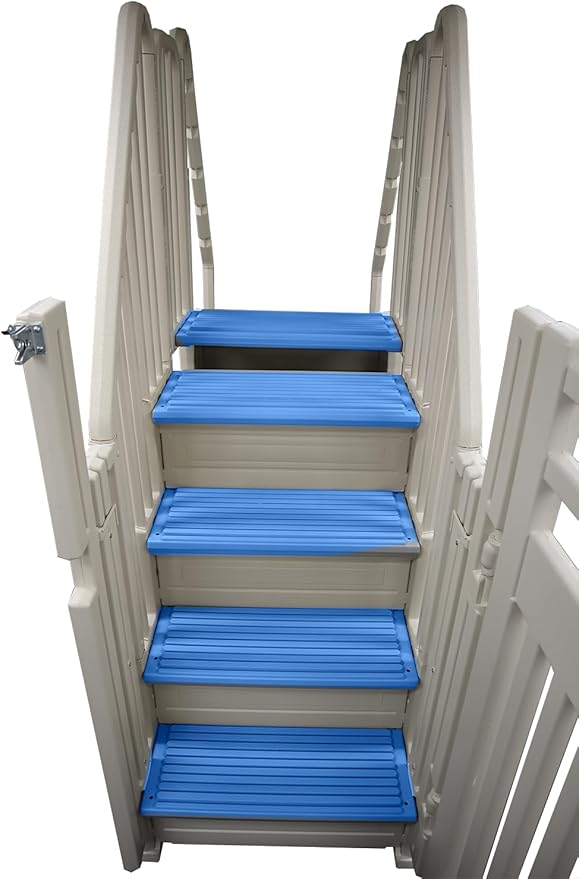 Confer Plastics Step Enclosure System: Above Ground Entry System, Dual Handrails, Slip-Resistant Steps, Supports 400 lbs, Easy Install – Made in USA, Warm Grey with Blue Step-1X Treads