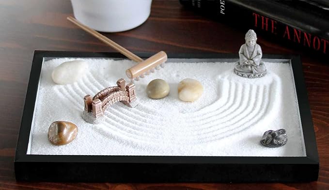 Nature's Mark Mini Zen Garden Kit for Desk with Rake, White Sand, Buddha Figure, Bridge Figure and River Rocks, Black Rectangle Base