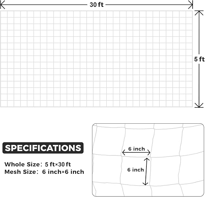3 Packs 5 x 30ft Kikhope Plant Trellis Netting, Heavy-Duty Polyester Grow Net, Garden Trellis Netting with Square Mesh for Climbing Plants, Vegetables, Fruits, and Flowers, White