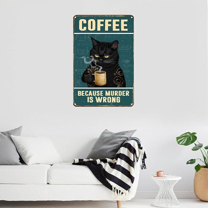 Cat Coffee Sign Aesthetic Decor - Cat Metal Tin Sign 12" x 8" - Vintage Coffee Bar Wall Art for Cat Lovers - Cute Cat Home Decor for Kitchen, Living Room Bathroom