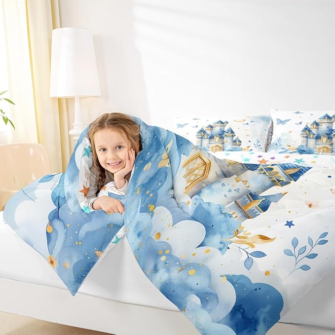 Erosebridal Girls Princess Queen Comforter Set - Castle Dreamy Bedding Sets for Kids Teen, Blue Butterfly Floral Bed Set | Moon and Stars Cute Girly Room Decor with 2 Pillowcases