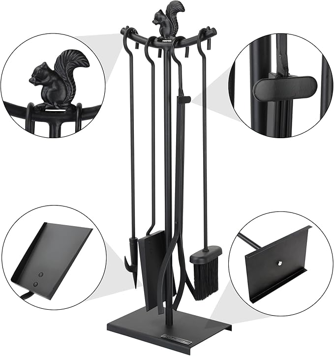 5 Pieces Fireplace Tools Set Strength Wrought Iron Indoor Outdoor Fire Place Toolset Hearth Accessories Kit with Fireplace Brush, Fire Poker, Fireplace Shovel, Firewood Tong