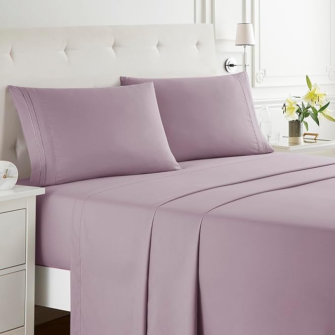 Clara Clark Bed Sheets, Premier 1800 Series Bed Sheet Set, Deep Pocket, Wrinkle, Fade, Stain Resistant, Luxury Soft Bedding Sheets & Pillowcases, Split King, Dusty Purple