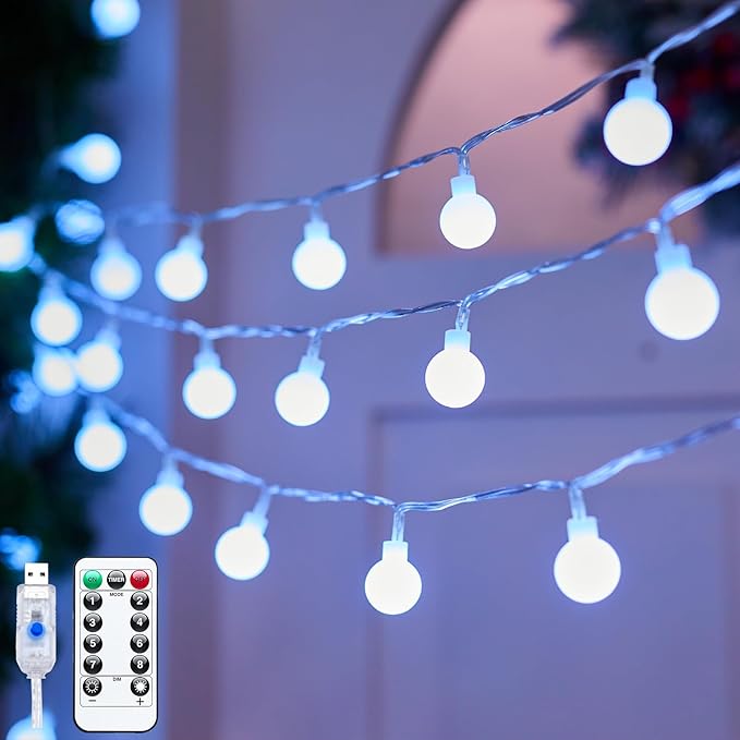 Minetom USB String Lights Indoor Bedroom, 2 Pack Totally 46FT 100 LED Globe Lights with Remote Plug-in, Xmas Twinkle Lights for Wedding Wall Classroom Dorm Canopy Ceiling Room Decor, Pure White