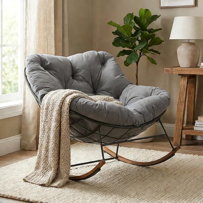 Outdoor Rocking Chair, 400 lbs Sturdy Frame with Thick Cushion,Patio Papasan Chair for Bedroom, Living Room, Porch, Garden(Grey)