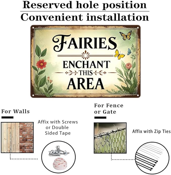 Funnysign Garden Gifts Vintage Fairy Garden Tin Sign – “Fairies Enchant This Area” – Rustic Floral Metal Wall Art for Backyard, Patio, Porch, Greenhouse, or Kids’ Fairy Garden Décor, 8×12 Inch (9817)