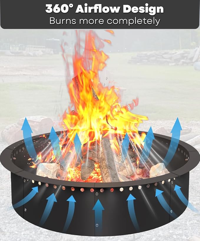 39 Inch Smokeless Fire Pit Ring Insert Outdoor, Heavy Duty Metal Steel DIY Firepit Rim Liner Round Campfire Rings for Outside Wood Burning Above or In-Ground, Black