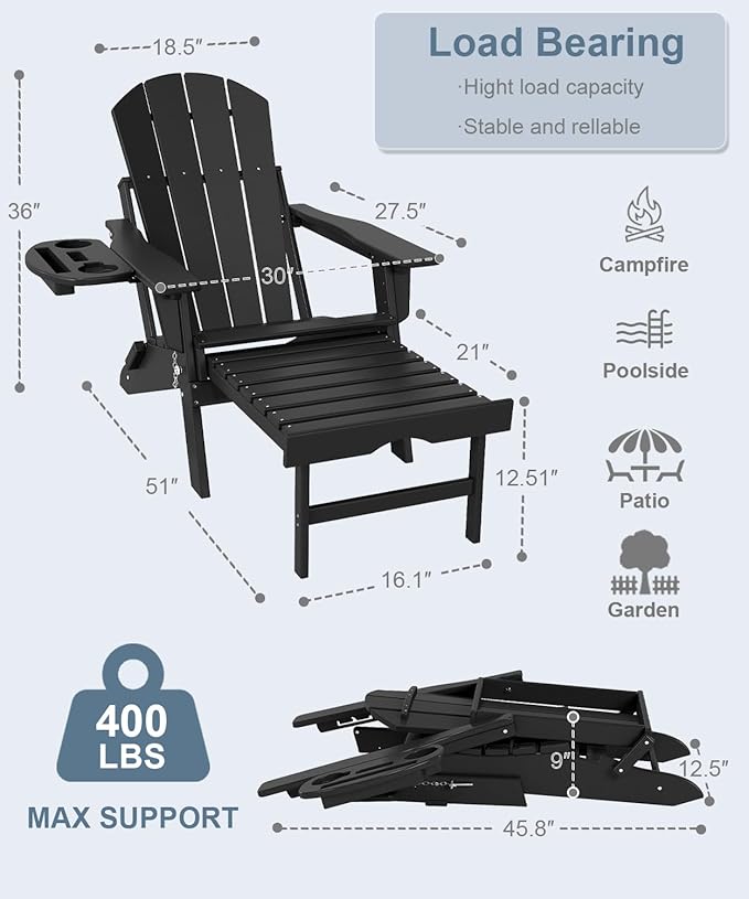 Adjustable Adirondack Chair with Retractable Ottoman Set of 2, HDPE Folding Adirondack Chair with Cup Holder, All Weather Fire Pit Chair for Outdoor.