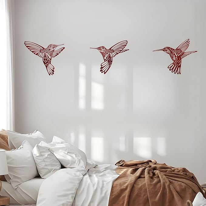 Metal Hummingbird Outdoor Wall Art Decor-Red Birds Wall Decorations Hanging Decor Ornaments-Modern Abstract Silhouette Wall Sculpture for Kitchen Patio Bedroom Living Room Bathroom Fence Balcony
