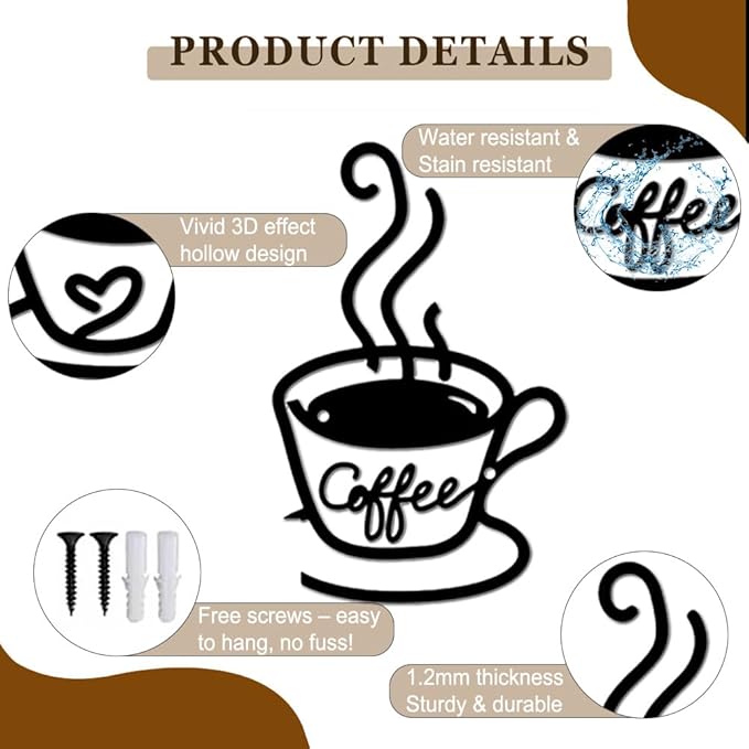 Kitchen Coffee Bar Metal Wall Decor - 3 Pack Rust-Proof Wall Art with Cup, Bean & Heart - Home Bar Signs for Indoor & Outdoor, Living Room, Kitchen, Garden - Housewarming Gift for Coffee & Tea Lovers