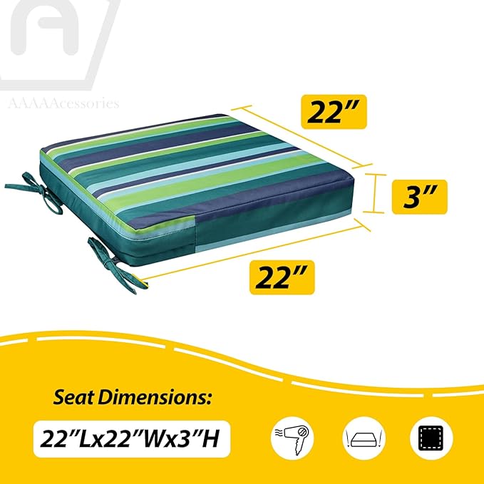 AAAAAcessories Outdoor Seat Cushions for Chairs, Waterproof, Fade-Resistant, 22" x 22" x 3", Patio Furniture Replacement Cushions, Set of 2, Ash Teal Seaside Stripe