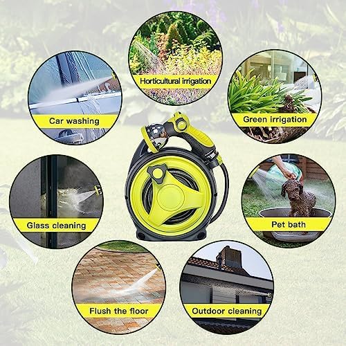 Retractable Garden Hose Reel, Portable Hose Reel, 45+5FT with 10 Patterns Spray Nozzle, Adapts to standard US hose plugs, 50FT Hose Reel for Garden Watering Car Washing Pet -Green