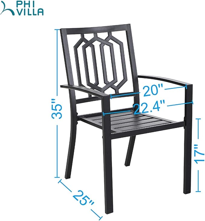PHI VILLA Metal Outdoor Dining Chairs Set of 2 - Stackable Black Patio Chairs, 300lb Capacity (Geometry)