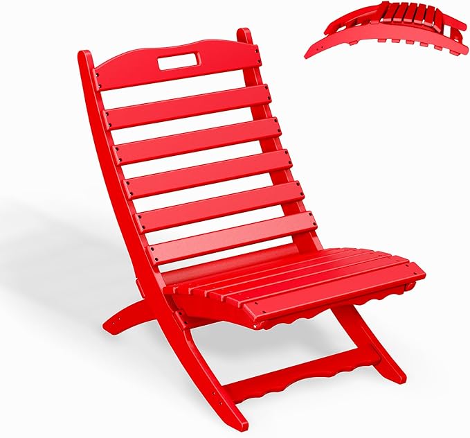 GREENVINES Folding-Xavier-Chair | Wave | Portable Adirondack-Chairs | HDPE Plastic | All Weather Fire-Pit Chair | Red | for Beach Outdoor Deck Poolside Garden Patio Porch Fishing