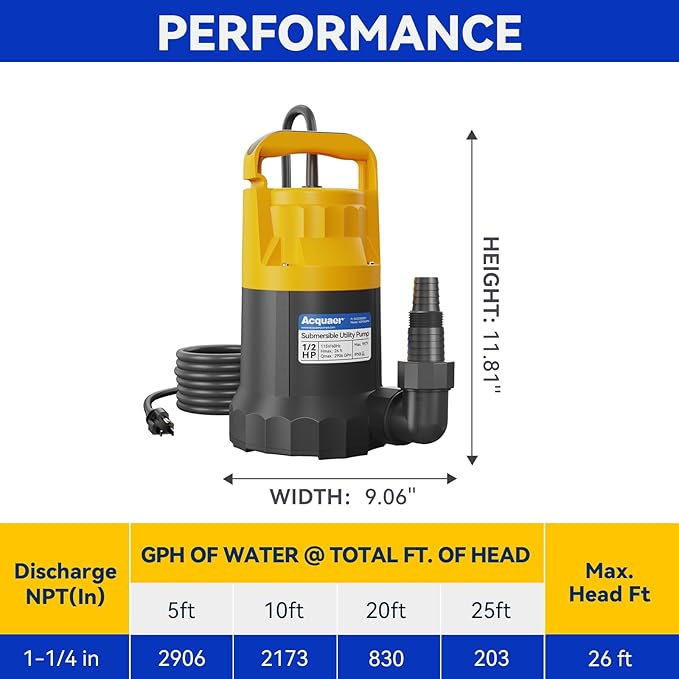 Acquaer Sump Pump Submersible Water Pump for Water Removal in Hot Tubs, Pools, Basements, and Garden Ponds, 1/2HP 2906GPH