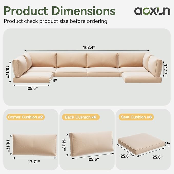 Aoxun Replacement Cushions for Outdoor Furniture, 14-Piece Outdoor Cushions for Patio Furniture, Deep Seat, Waterproof & Fade Resistant Couch Cushion for 6-Seat Patio Conversation Sets, Beige