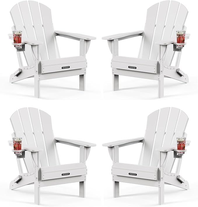 MUCHENGHY Folding Adirondack Chairs 4 Pack, Patio Chairs, Lawn Chairs, Outdoor Chairs, Adirondack Chair Plastic, Fire Pit Chairs, Weather Resistant with Cup Holder for Deck, Backyard, Garden(White)