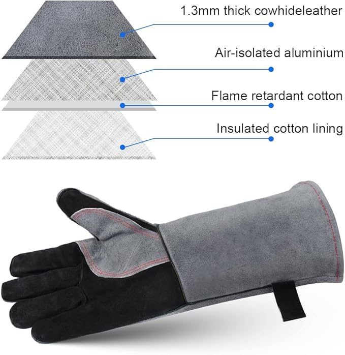 AUAUY Heat & Fire Resistant Gloves Leather BBQ Gloves Wear Resistant Heavy-Duty Welding Gloves for Grinding,Baking,Gardening