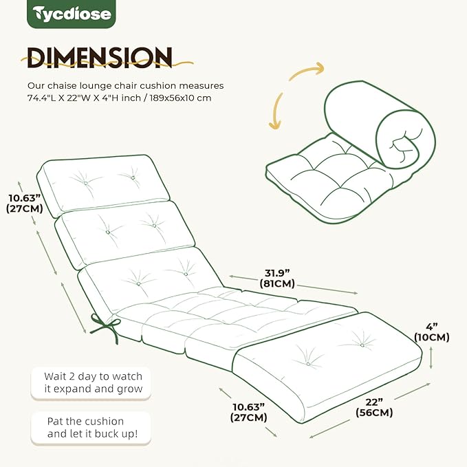 All Weather Chaise Lounge Cushions Outdoor Lounge Chair Cushion, Waterproof Memory Foam Chaise Lounger Chair Cushion Replacement for Outdoor Patio Furniture with Non-Slip Back and Ties, Green