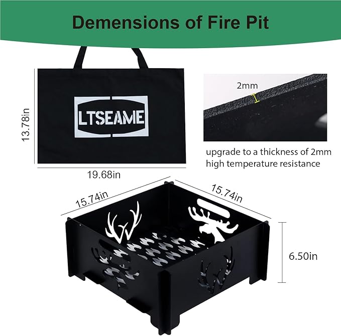 16 inch Portable Square Fire Pit Outdoor Foldable Plug Fire Pit Suitable for Camping, Picnic, Backyard, Garden Bonfires and Outdoor Wood Burning with Storage Bag