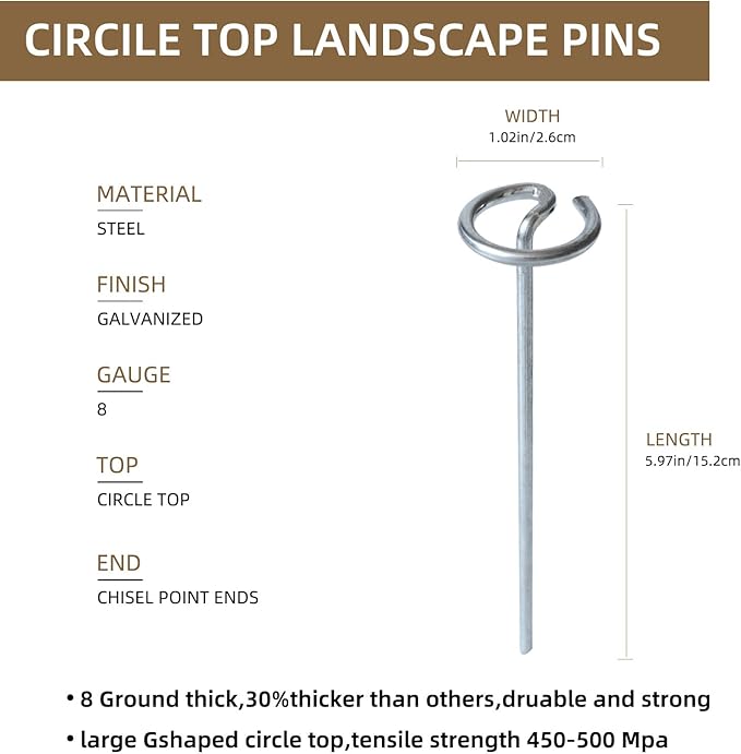 50 Pack Circle Top Landscape Fabric Stakes 8 Gauge Landscape Pins, More Holding Power Than U-Shape Garden Staples, 6 Inch Length Garden Stakes Not Easy to Bend, Landscape Stakes.Landscape Staples.