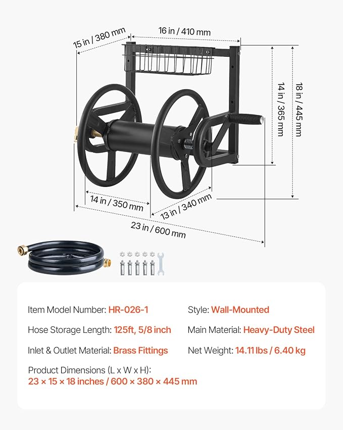 VEVOR Wall Mounted Garden Hose Reel, Holds 125 ft 5/8-inch Hose, Heavy-Duty Water Hose Winder, Space-Saving Design, Outdoor Manual Reel with Brass Fitting and Storage Basket for Yard Lawn