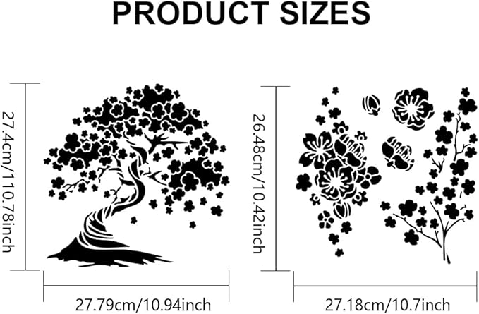 MAYJOYDIY 2pcs Cherry Blossoms Stencils 11.8×11.8inch Large Blooming Stencil with Paint Brush Square Japanese Style Drawing Template for Wood Walls Canvas Furniture Crafts Art Projects