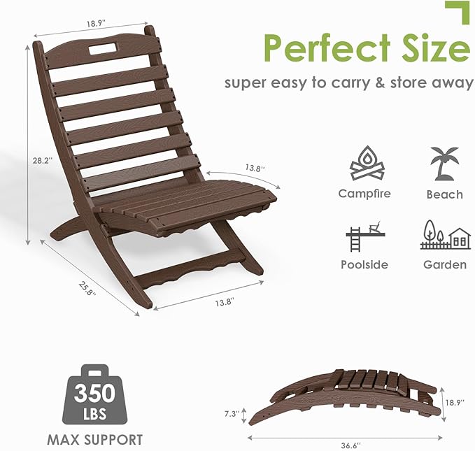 GREENVINES Folding-Xavier-Chairs Set of 2 | Wave | Wood Grain | Dark Brown | Portable Adirondack-Chair | HDPE Plastic | All Weather Fire-Pit Chair | for Beach Outdoor Deck Poolside Garden Patio