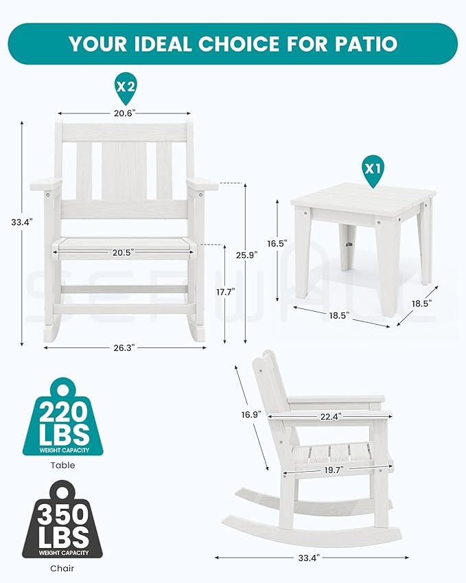 SERWALL Outdoor Rocking Chairs Set of 2 with Side Table, All-Weather HDPE 3 Piece Patio Furniture Set, Patio Bistro Set for for Porch Deck Lawn Balcony, White