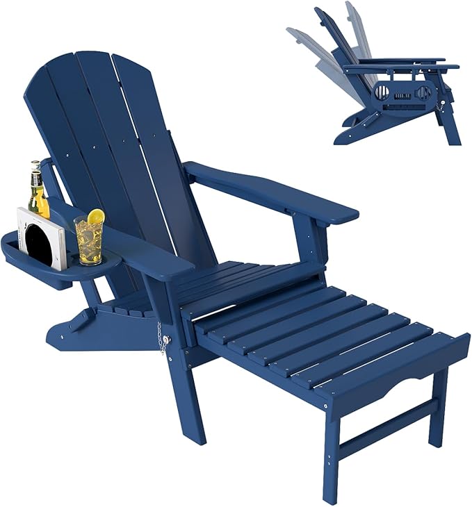 Adjustable Adirondack Chair with Retractable Ottoman, HDPE Folding Adirondack Chair with Cup Holder, All Weather Fire Pit Chair for Outdoor.