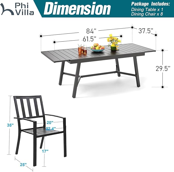 PHI VILLA 9 Pieces Outdoor Dining Set for 8, 84" Long Expandable Metal Table & Stackable Wrought Iron Chairs, Large Furniture Set for Patio, Deck, Yard, Porch - Black