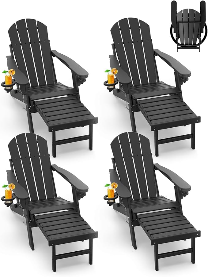 GREENVINES Adirondack-Chairs-with-Ottoman | Set of 4 | Folding | Retractable-Footrest | HDPE Plastic | All Weather Fire Pit Chair | Cup Holders | Black | for Outdoor Poolside