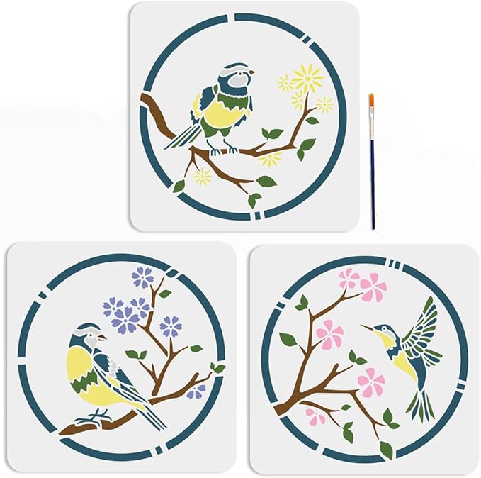 MAYJOYDIY 3pcs Round Flower Bird Stencils for Painting 11.8×11.8inch Large Hummingbird Floral Stencil with Paint Brush Nature Daisy Cherry Blossom Titmouse Flying Bird Stencil for Wood Wall Furniture