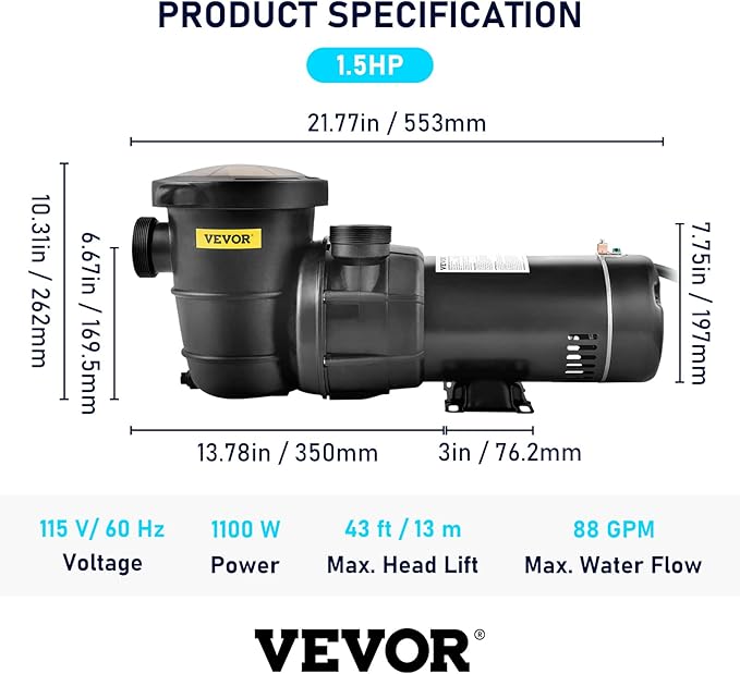 VEVOR Swimming Pool Pump, 1.5 HP 115 V, 1100 W Single Speed Pumps for Above Ground Pool w/Strainer Basket, 5280 GPH Max. Flow, Certification of ETL for Security
