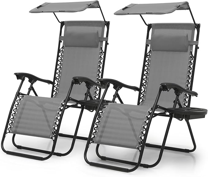 Magshion Zero Gravity Chair with Canopy Set of 2, Reclining Outdoor Patio Lounge Chair, Folding Anti Gravity Recliner, Portable Lounger with Removable Cup Holder Side Tray and Pillow Headrest (Grey)