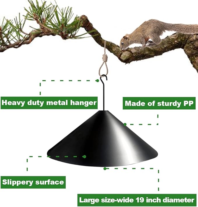19 Inch PP Squirrel Proof Baffle for Protecting Outside Pole Bird Feeders and Bird Houses, Hang Mount Raccoon and Squirrel Guard Stopper for Shepherd Hooks - Black, 1 Pack