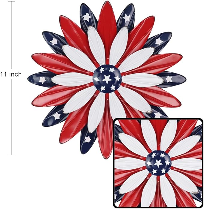 hogardeck 4th of July Decorations Outdoor, 11 inch Red White and Blue Metal Flower Wall Art for Fourth of July Decor, Patriotic Decorations for Yard Garden Home Indoor Mantel