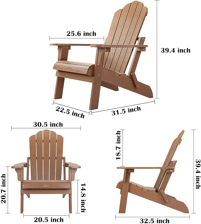 hOmeHua Folding Adirondack Chair Weather Resistant, Hard Plastic Imitation Wood Stripes Adirondack Chair, Easy to Fold Move & Maintain, Outdoor Chair for Patio, Backyard Deck, Fire Pit - Wood Color