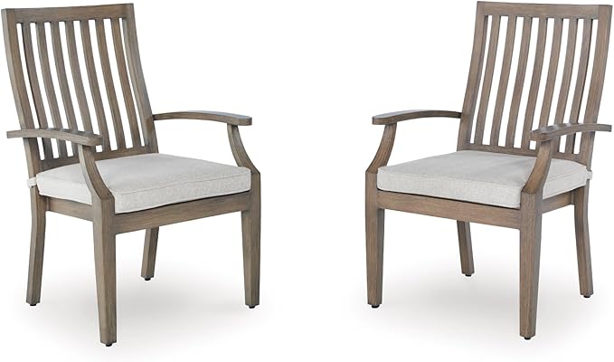 Signature Design by Ashley Rainier Ranch Contemporary Rust Resistant Aluminum High Back Outdoor Arm Chair with Loose Seat Cushion, Set of 2, Nuvella Weather Resistant Fabric, Light Brown & Beige