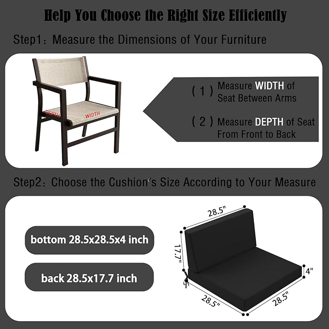 Outdoor Cushions for Patio Furniture, Outdoor Seat and Back Cushion, Waterproof Hampton Bay Deep Seat Replacement Couch Cushions for Garden Lawn, 28.5x28.5 Black