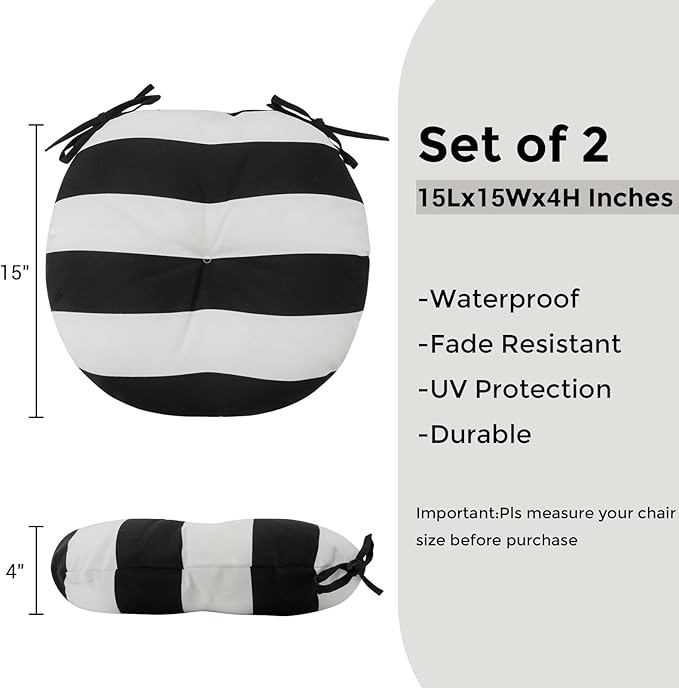Bistro Chair Cushions 15 inch,Set of 2,Tufted Round Chair Cushions with Ties,15"x15"x4",Water Resistant Round Seat Cushion for Barstool Chairs,Patio Garden Kitchen Outdoor Furniture(Black White)